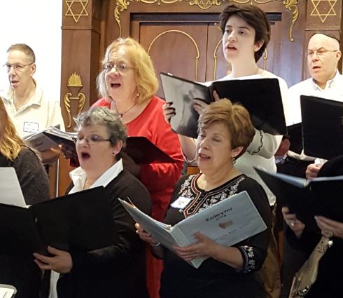 Milwaukee Jewish Community Chorale members Harriet, Rene, and Jeremy rehearse Jewish music with other Zemer Am participants before a concert on Sunday, Feb. 19 at Temple Beth Israel in Skokie, Illinois.