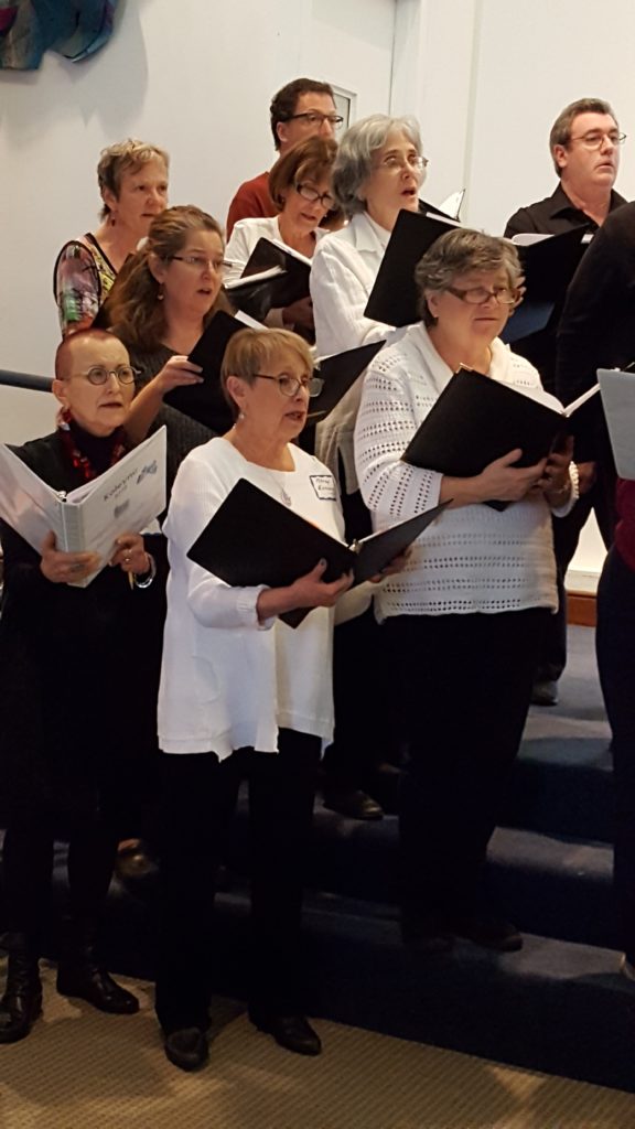 Milwaukee Jewish Community Chorale sopranos Wendy, Merzy, Julie and Anita sing with other participants of the Zemer Am Chicago area Jewish Choral Festival on Feb. 19, 2017 at Temple Beth Israel in Skokie, Illinois. All photos by Enid Bootzin Berkovits