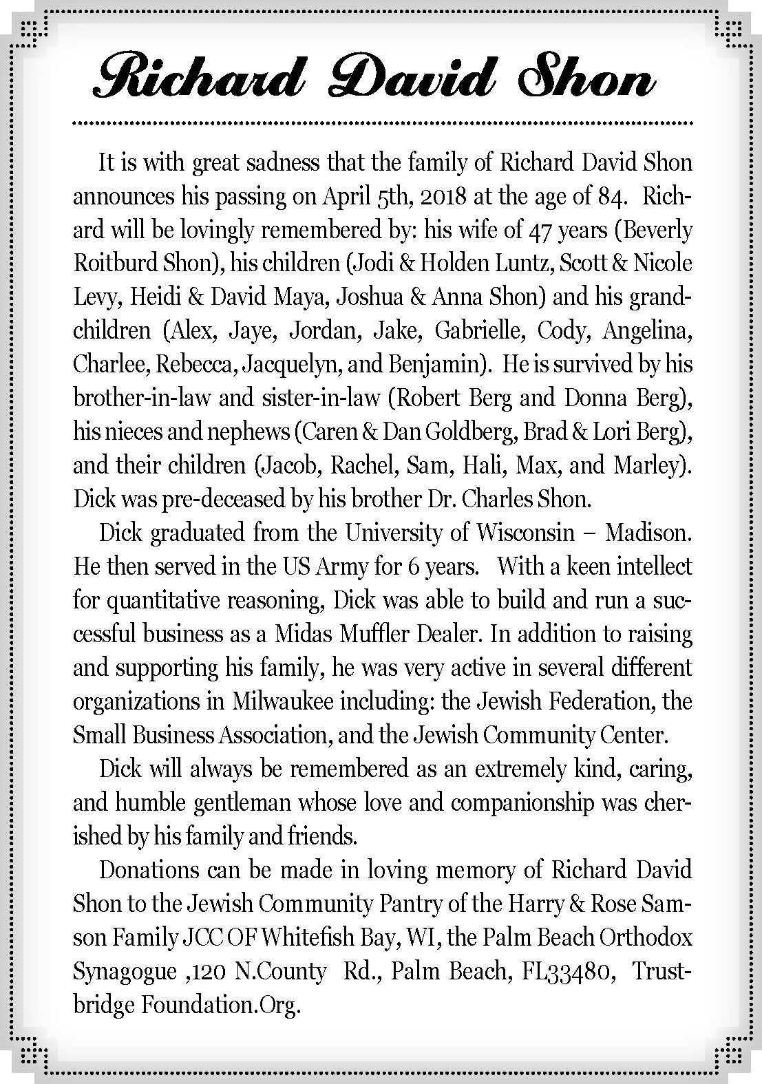 Obituaries, May 2018 Wisconsin Jewish Chronicle