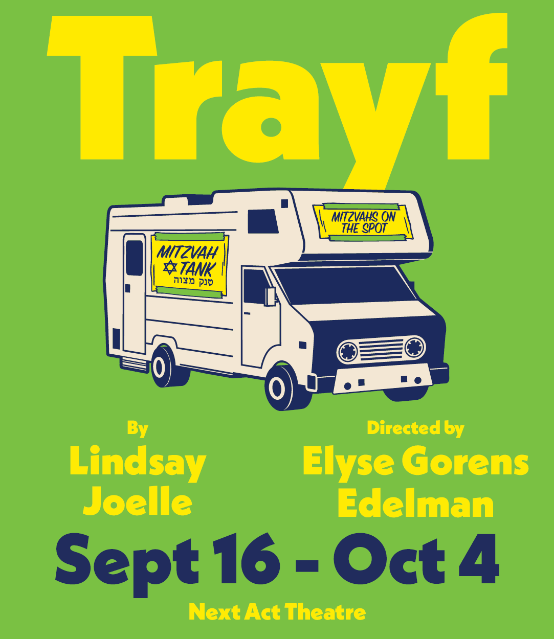 Promotional poster for the play Trayf: a cartoon camper van on a bright green background, with a large yellow title and cast/dates listed.